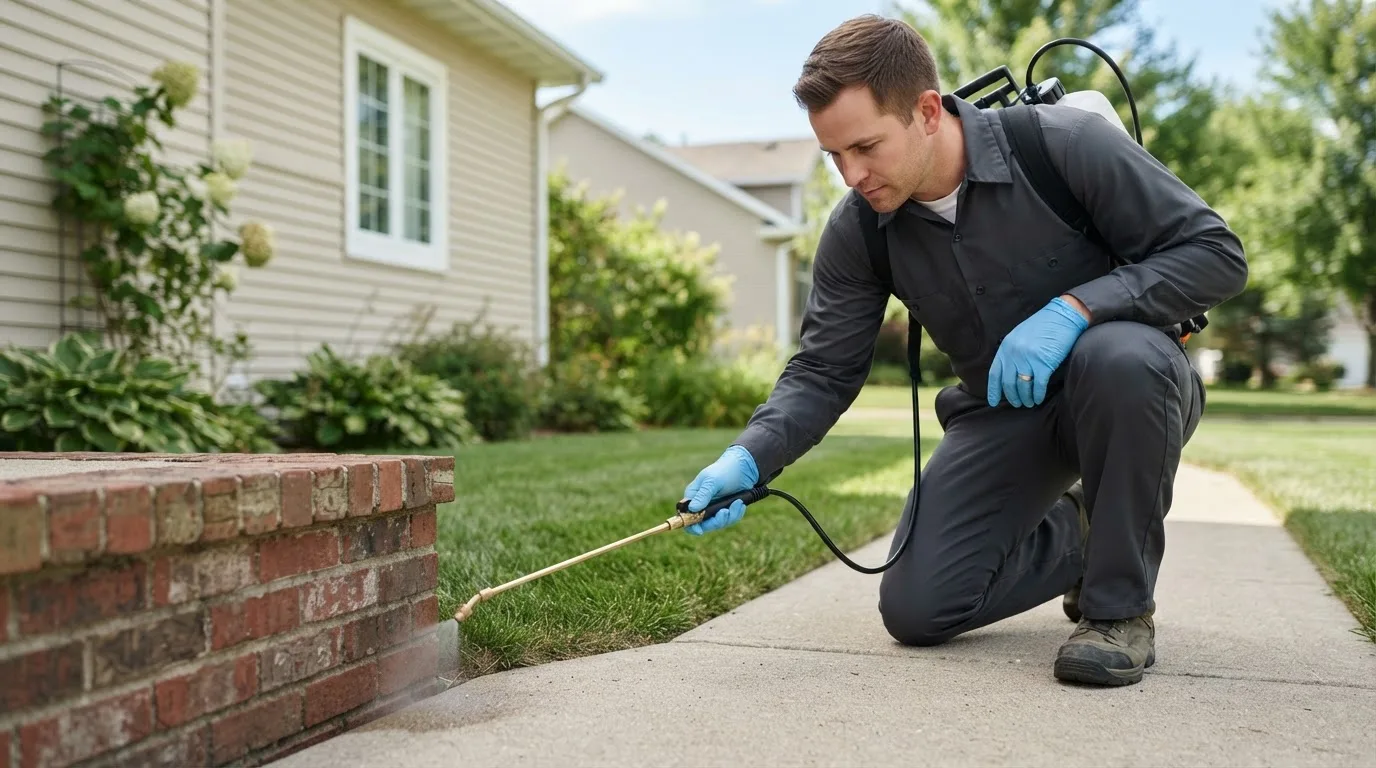Pest control technician treating a home near Golva, ND
